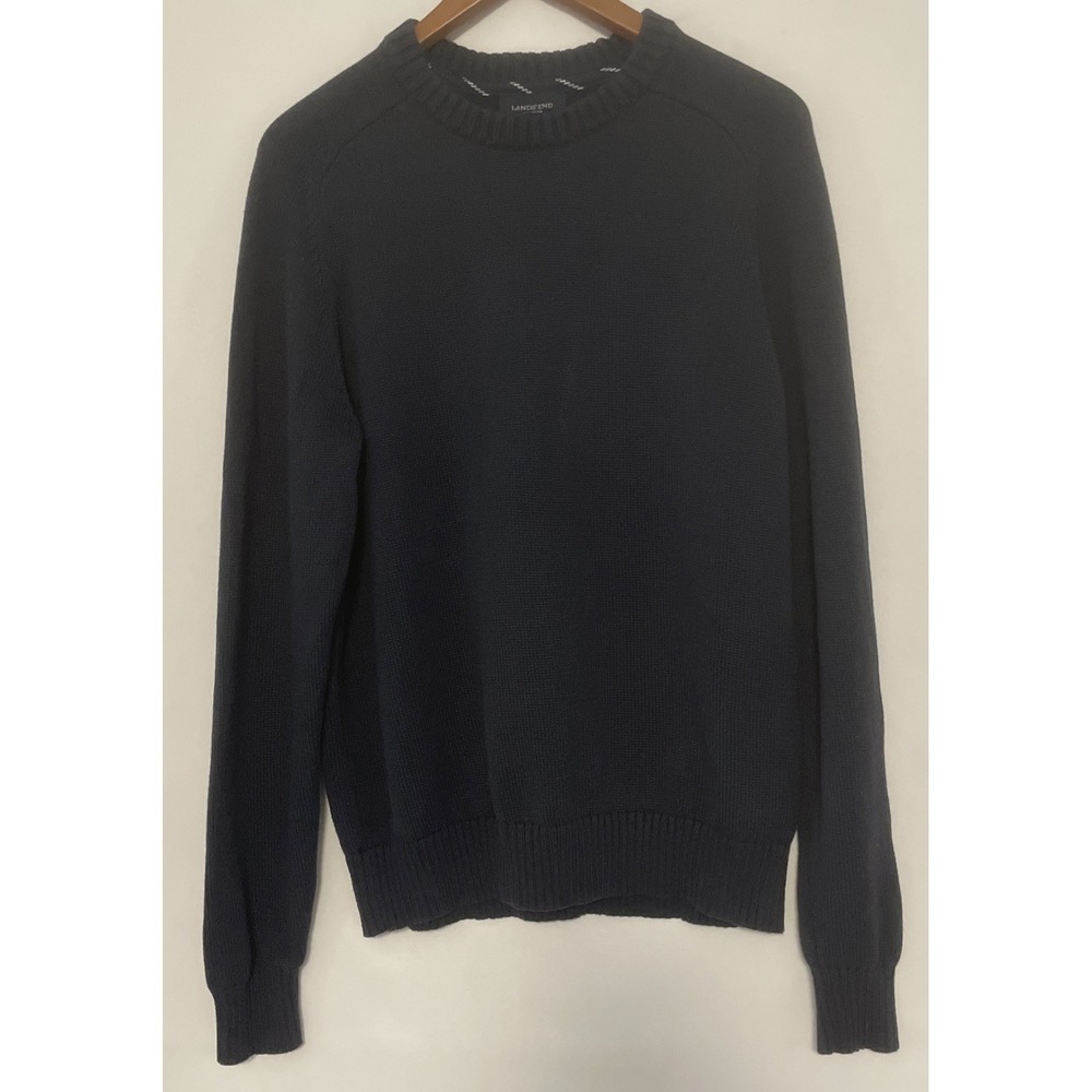 Men's Lands' End 100% Cotton Drifter Sweater Large Navy Blue Crewneck Casual